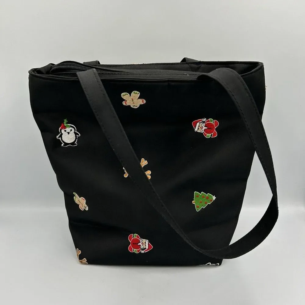Womens Black‎ Embroidered Christmas Holiday Handbag Party